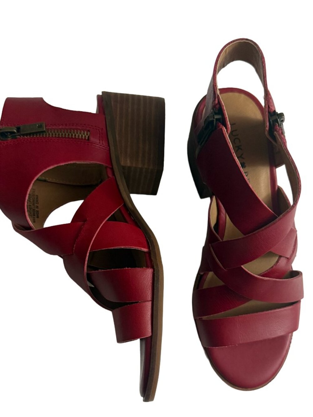 LUCKY BRAND Rich Garnet Red Leather Strappy Sandals Block Heel Size US 5M /EU 35 - Picture 13 of 15
